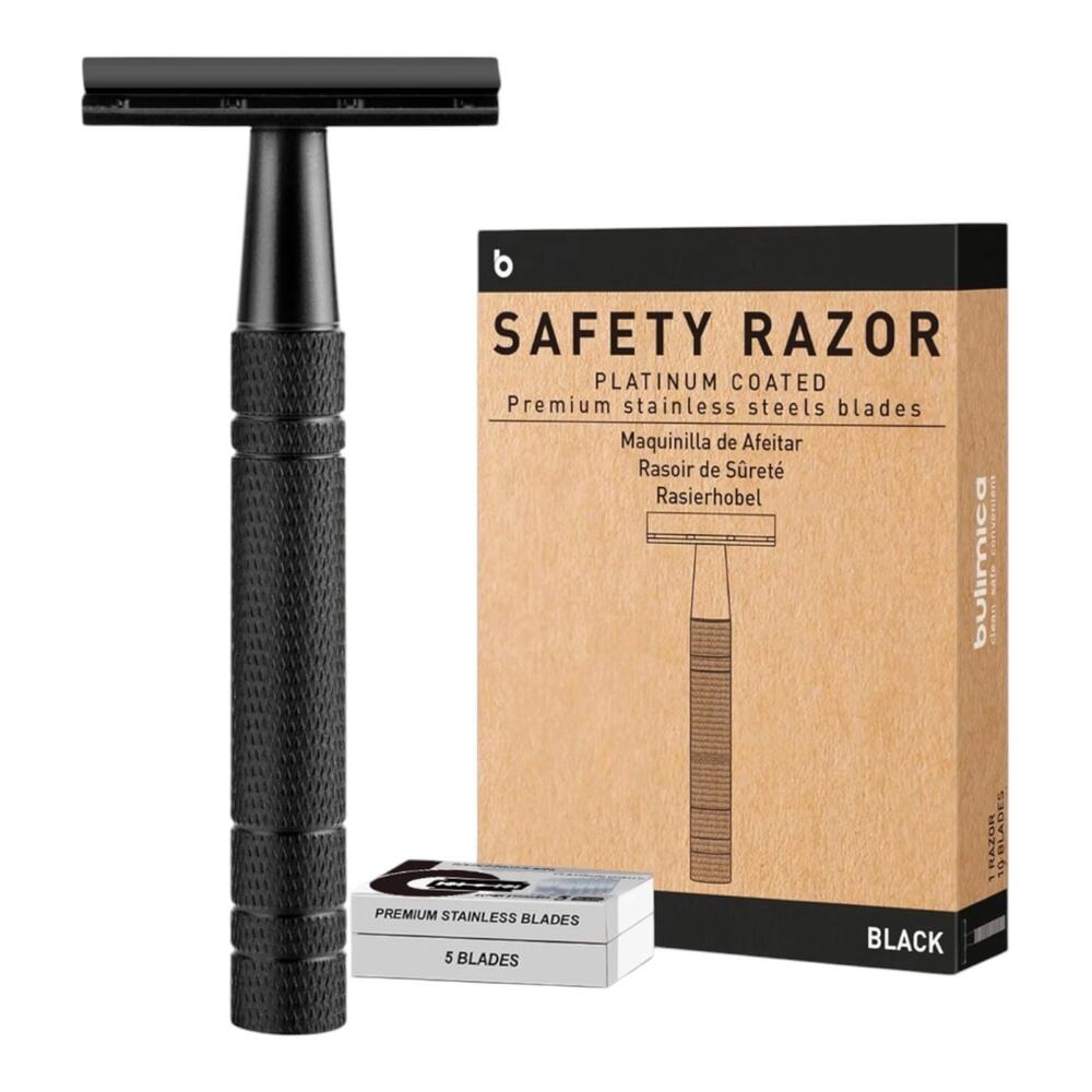 Gun Black Safety Razor, Single Blade Razors for Men, with 10 Platinum Coated Sta
